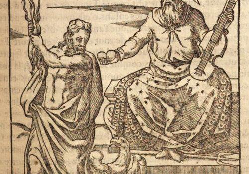 Gravure sur bois attribuée à Pierre Eskrich représentant deux images de Jupiter (publiée dans N. Conti, Mythologia, Lyon, 1612, p. 101)