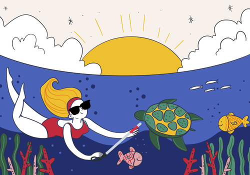 Découvrir l'océan quelquesoit le handicap femme aveugle nageant dans l'océan avec tortue et poissons au soleil couchant