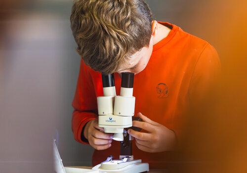 Un garçon regarde au microscope