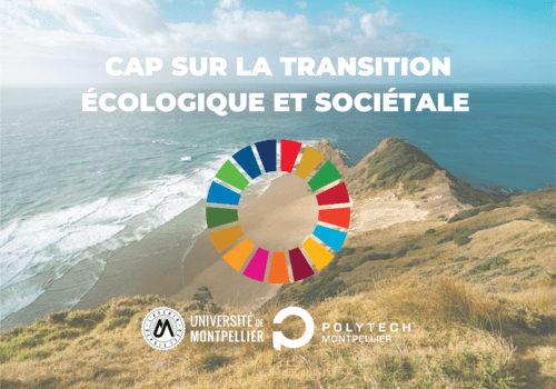 Affiche Cap sur la transition écologique, roue des ODD, logo UM et Polytech Montpellier