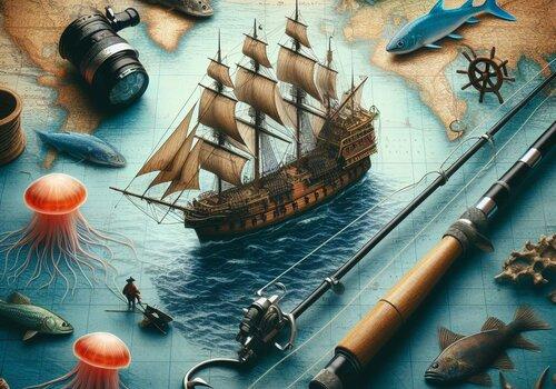 Carte figurant un navire, des instruments de pêche et des poissons