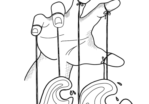 Dessin d'une main accrochée à une vague avec des ficelles Dessin d'une main accrochée à une vague avec des ficelles
