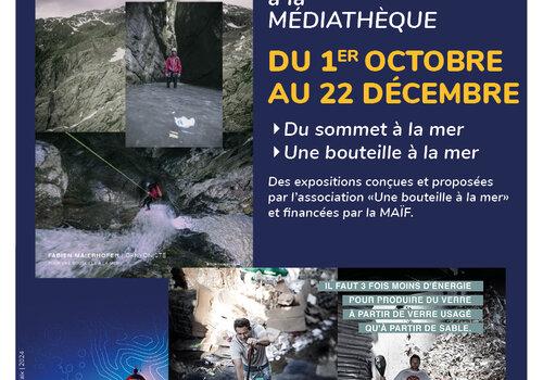Expositions photographiques "Une bouteille à la mer" + "Du sommet à la mer" Affiche des expositions photos à la médiathèque du 01/10 au 22/12/2024