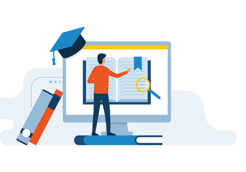 Formation enseignants Dessin d'un enseignant qui s'instruit avec un ordinateur, livre...