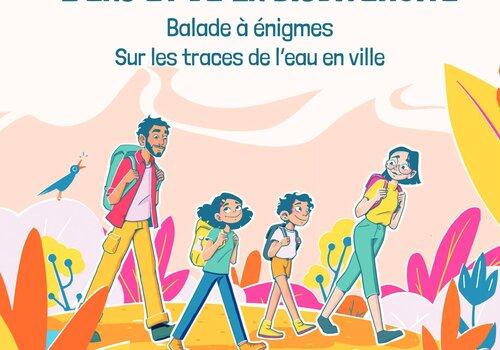 L'image présente une famille marchant prête à résoudre des énigmes