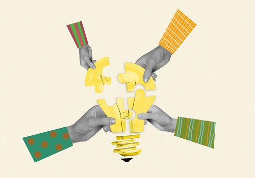 La Boutique Des Sciences - faire dialoguer sciences et société montage et collage : une grande ampoule en puzzle est en train d'être reconstituée par 4 bras
