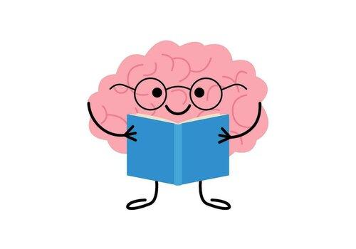 un cerveau à lunettes qui lit un livre