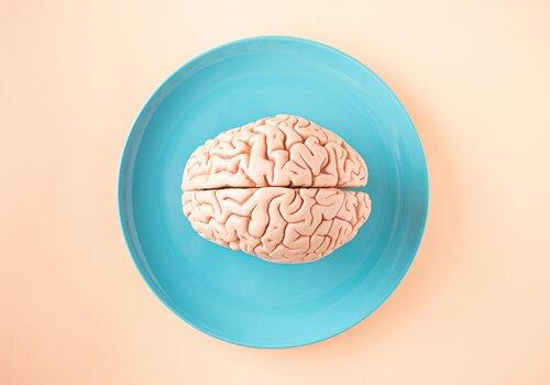 Comment notre cerveau interagit avec la technologie ? Un cerveau est posé dans une assiette bleu sur fond couleur rose pâle/beige comme le cerveau.