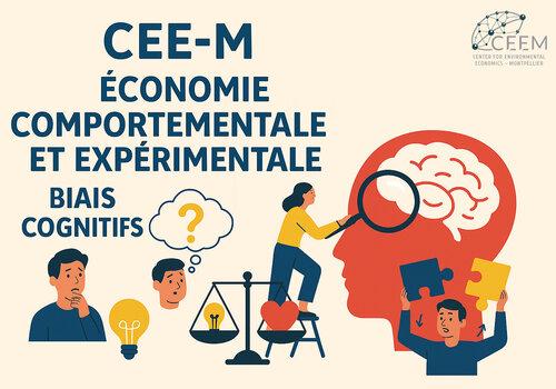 Visuel du stand du CEE-M Représentation de personne qui se posent des questions et étudient le cerveau. Notion écrite : économie comportementale et expérimentale, biais cognitifs.