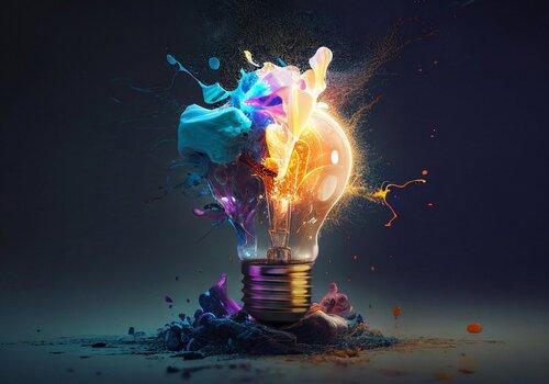 Creative light bulb explodes with colorful paint and splashes on a black background. Think differently creative idea concept. By alones - AdobeStock. Généré à l’aide de l’IA