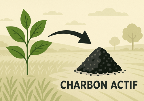 Faire du charbon actif en valorisant la biomasse. L'image illustre l’utilisation de la biomasse pour fabriquer du charbon actif. Une flèche relie le dessin d’une plante avec des feuilles à un petit tas de charbon actif. L’image est sur un fond représentant des champs cultivés.