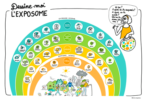 Dessine moi l'exposome Dessin des couches de facteurs qui peuvent t'impacter, à quoi es-tu exposé ? demande un personnage