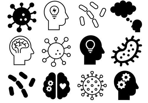 Icônes sur le thème de l'intelligence et de la microbiologie