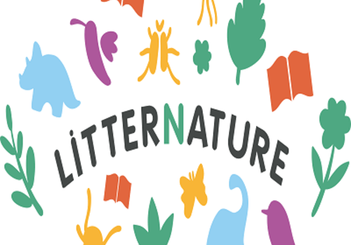 Logo de Litternature, entouré d'illustration relatif à la nature (plantes, animaux, dinosaures) et des livres