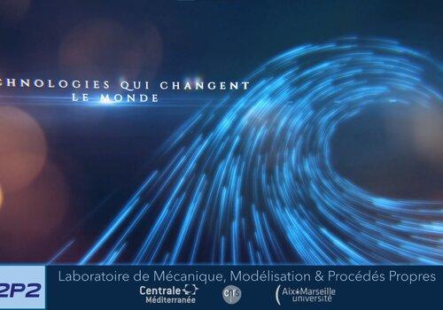 M2P2 Logo du M2P2, une vague scintillante et l'inscription Technologies qui changent le monde