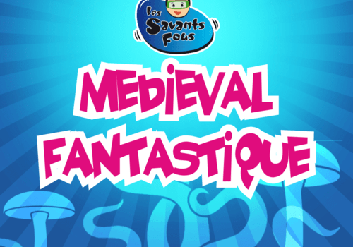 Logo de l'association des Savants fous avec écrit en rose : "Médiéval fantastique".