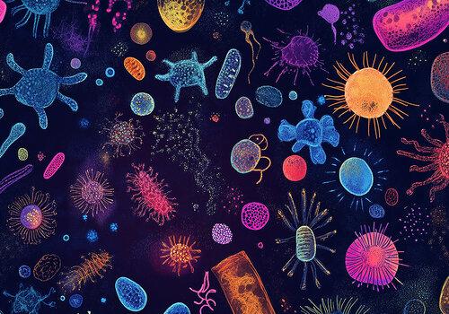 Microbes multicolores sur fond bleu marine