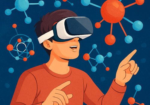 L'image présente un enfant équipé d'un casque de réalité virtuelle dans un environnement d'atomes et de molécules.