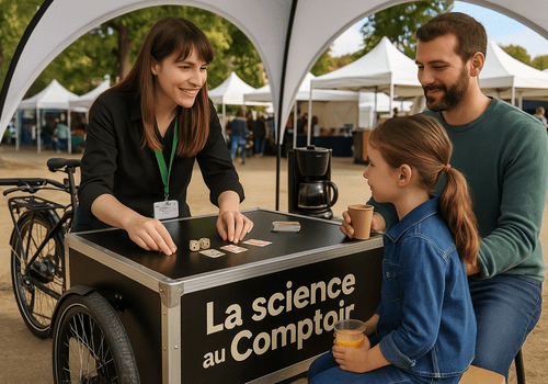Science au Comptoir (visuel temporaire) Une animatrice discute de science avec un public autour d'un comptoir mobile