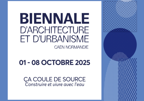 Affiche de la Biennale d'architecture et d'urbanisme de Caen-Normandie. Elle est dans un camaïeu de bleu avec des formes géométriques variées.