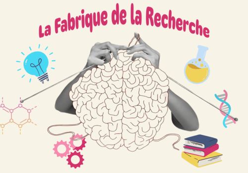 La fabrique de la recherche illustrée par le tricotage du cerveau avec des objets des sciences autour de ce cerveau en fabrication