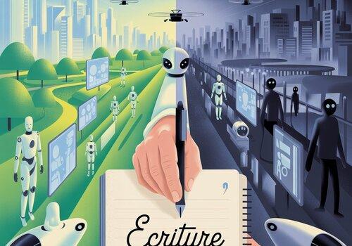 Monde imaginaire ou d'un côté c'est une utopie et de l'autre une dystopie, au centre un carnet avec le mot "écriture" rédigé.