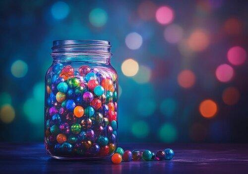 Colorful glass spheres in jar, bokeh background. By jambulart - AdobeStock Colorful glass spheres in jar, bokeh background. By jambulart - AdobeStock. Généré à l’aide de l’IA