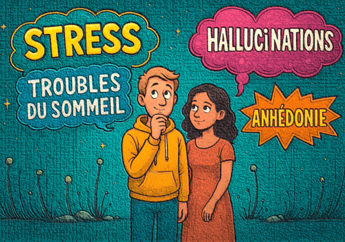 Deux personnes entourées des mots STRESS, TROUBLES DU SOMMEIL, HALLUCINATIONS et ANHEDONIE