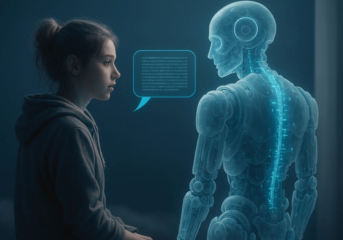 IA et Emotions : quels liens émotionnels entretenons-nous avec les IA génératives de texte ? image générée par IA : échange entre IA et Humain, quel lien émotionnel ?