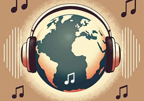 Tout un monde à percevoir Terre avec un casque audio, entouré de notes de musique