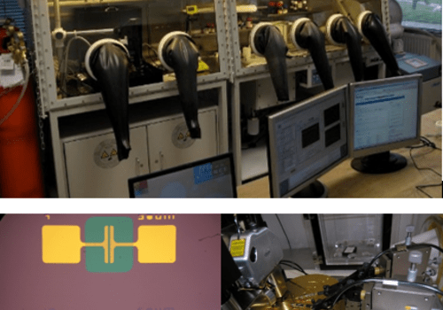 A gauche : Des transistors organiques. Au milieu : une boîte à gants dans laquelle on fabrique les transistors. A droite : un microscope à force atomique avec lequel on étudie les transistors.