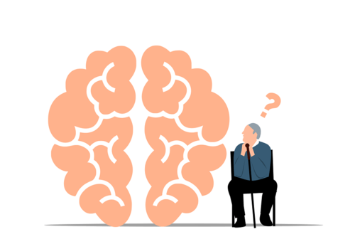 Illustration d'un vieil homme assis qui regarde l'air interrogateur un grand cerveau 