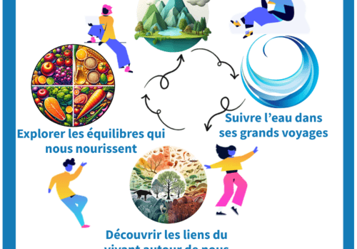 1001 fresques éléments circulaires décrivant les ateliers proposés (climat, eau, liens du vivant)