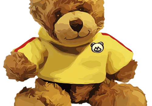 Peluche peluche nounours avec un tshirt jaune, mascotte du projet Peluchologie