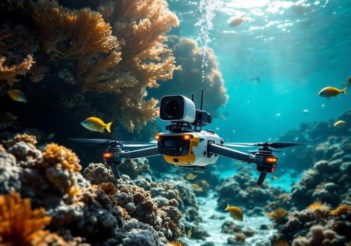 Ilustration d'un drone sous-marin avec caméra et capteurs, dans l'océan et entouré de poissons et coraux.