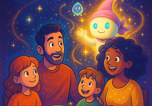 Ce que tu manges te raconte – Une conférence familiale pour comprendre l’alimentation et le microbiote Une famille joyeuse partage un repas coloré, accompagnée de Milo, un personnage flottant et lumineux représentant le microbiote.