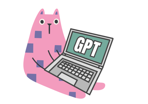 Un chat rose tenant un ordinateur. Sur l'écran est inscrit GPT
