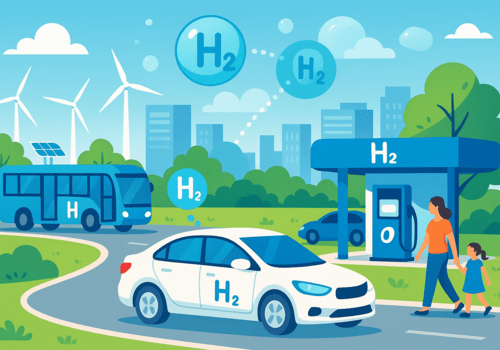 L'hydrogène au cœur de la transition énergétique pour les véhicules de demain Illustration représentant un écosystème de mobilité basé sur l'hydrogène
