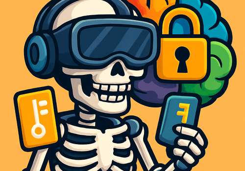 e-Squelette avec cerveau en arrière plan et cadenas