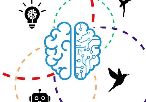 Un cerveau entouré d'un oiseau, d'un robot, d'une ampoule et d'une danseuse