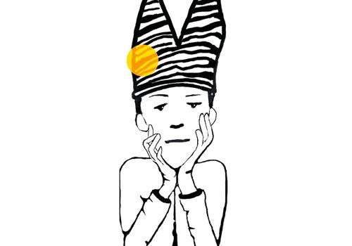 Petit zèbre Dessin d'un enfant qui tient sa tête entre ses mains, portant un bonnet d'âne mais rayé. En noir et blanc
