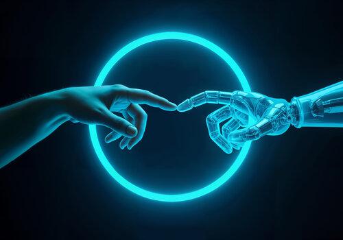 contacts, échanges entre les deux mains une main humaine et une main artificielle se contactent par le bout de l'index