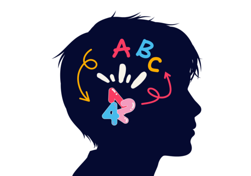 un dessin de la tête d'un enfant, avec des chiffres et des lettres qui se mélangent dedans