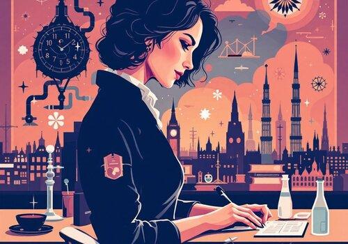 L'image généré par DALL.E, une intelligence artificielle, montre une historienne en blouson noir et entouré par des éprouvettes.