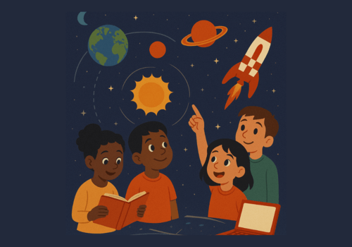 Des enfants observent des planètes et une fusée