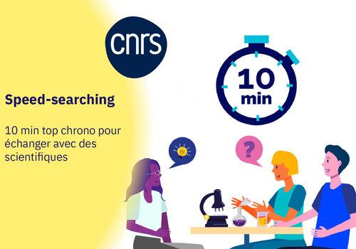 Illustration de personnes discutant de science, avec un minuteur de 10 min. Speed-Searching, 10 min top chrono pour échanger avec des scientifiques. CNRS.
