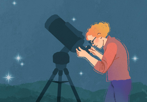 Affiche de la série Femmes de science. Une femme observe les étoiles au téléscope. 