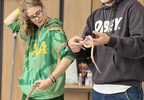 Connaitre les reptiles permet de ne pas en avoir peur, et donc de les protéger les bénévoles de SOS p'tites bêtes en démonstration avec un python