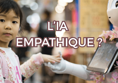 Une petite fille pose sa main sur celle du robot "Pepper"