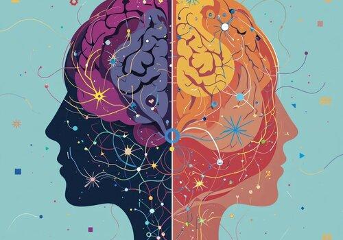 Association Femmes & Sciences Illustration de deux profils dos à dos, qui laisse entrevoir leur cerveau. Très coloré.